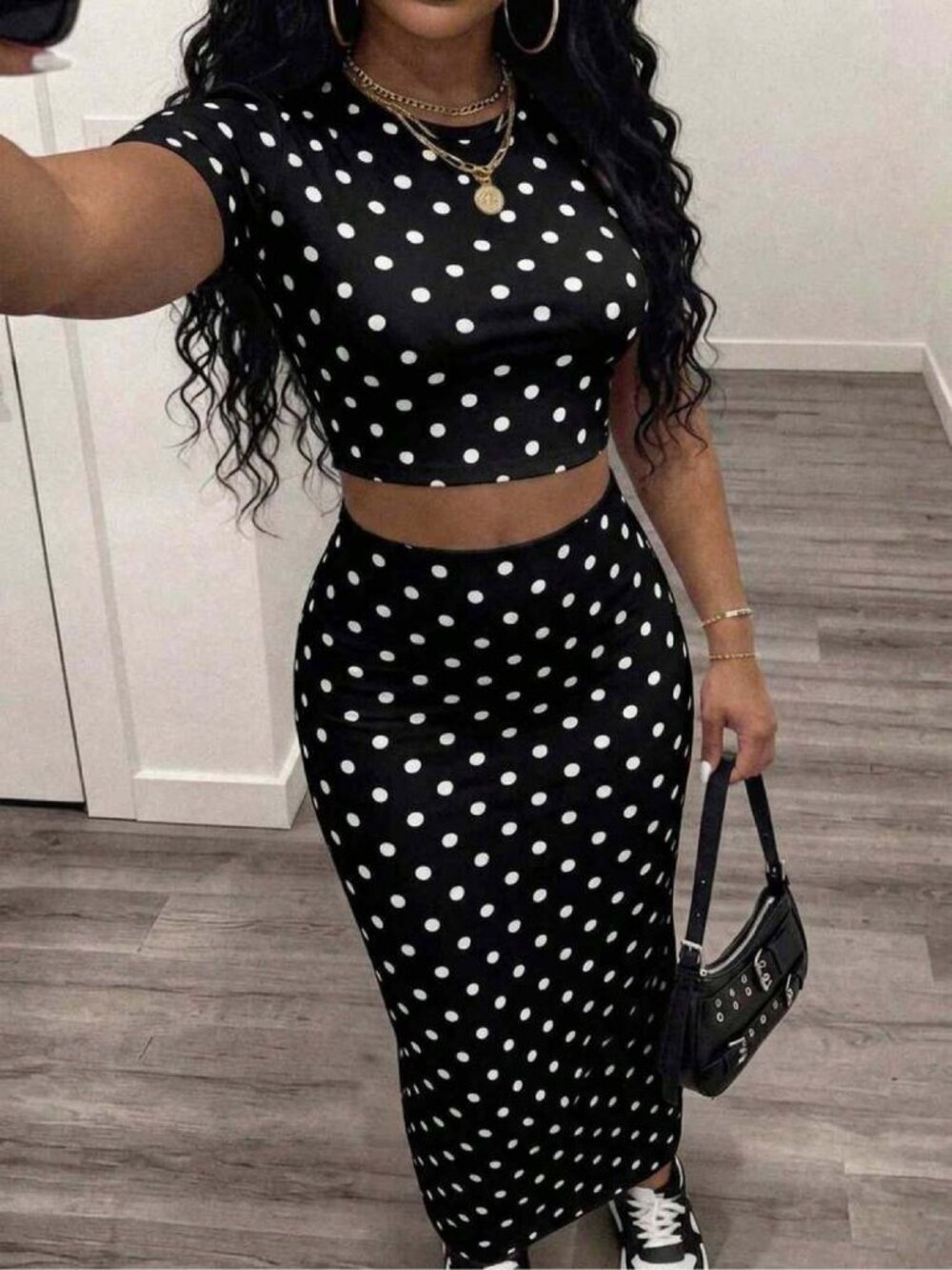 Black White Polka Dot Midi Dress – A-Line Flowy Dress, Size M